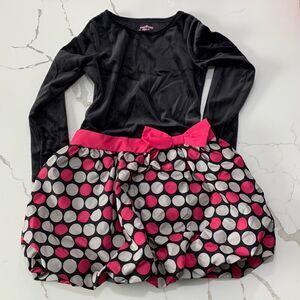 OshKosh B’Gosh | Girls Black Velour Pink Polka Dot Mini Puff Skirt Dress Size 6